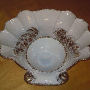 MCM Vintage Chip Dip Dish Bowl Gold & White Clam Shell California Pottery